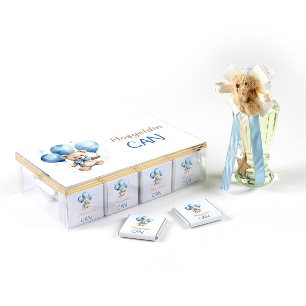 Erkek Bebek Dökme Asetat Kutu Bebek Çikolatası (50 Adet Madlen Çikolata) + Figürlü Kolonya - 1