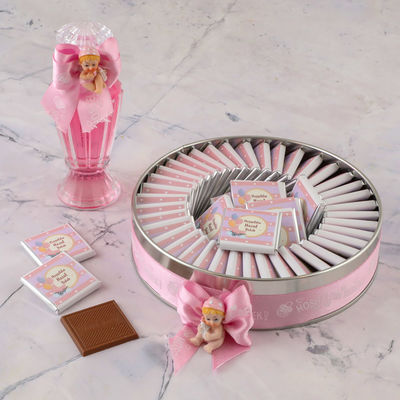 Etiket Baskılı Biblolu Kız Bebek Çikolatası (Metal Yuvarlak Kutu) 50 Adet Madlen Çikolata +Gül Suyu Hediyeli - 13