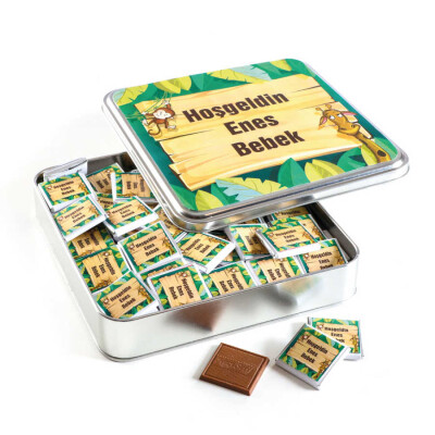 Etiket Baskılı Erkek Bebek Çikolatası (Kare Metal Kutu) 100 Adet Madlen - 9