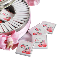 Flamingo Etiket Baskılı Biblolu Kız Bebek Çikolatası (Metal Yuvarlak Kutu) 70 Adet Madlen Çikolata +Gül Suyu Hediyeli - Thumbnail