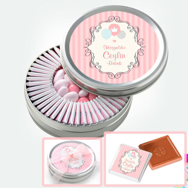 Etiket Baskılı Kız Bebek Çikolatası (Düz Metal Yuvarlak Kutu) 50 Madlen Çikolata + 35 Draje - 12