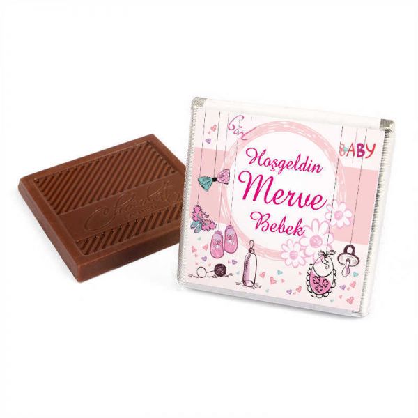 Etiket Baskılı Kurdelalı Kız Bebek Çikolatası (Metal Yuvarlak Kutu) 50 Adet Madlen Çikolata +Gül Suyu Hediyeli - 11