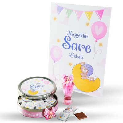 (Yeni) Etiketli Kız Bebek Çikolatası (Metal Yuvarlak Kutu) 50 Adet Madlen Çikolata+Gül Suyu+Afiş - 1
