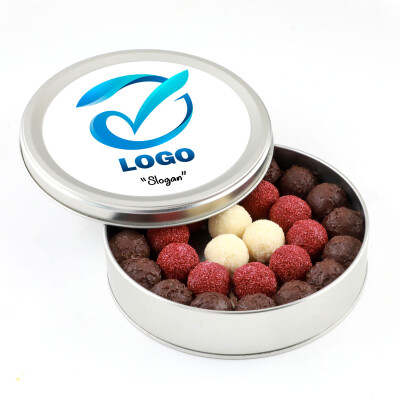 Firmalara Özel Kurumsal Promosyon Logolu Karışık Special Truffle Çikolata (Yuvarlak Metal Kutu) - 1