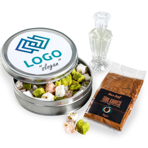 Firmalara Özel Promosyon Kurumsal Logolu Karışık Çerezli Çifte Kavrulmuş Lokum + Kolonya + Kahve (Metal Yuvarlak Kutu) - 1