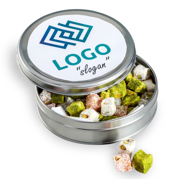 Firmalara Özel Promosyon Kurumsal Logolu Karışık Çerezli Çifte Kavrulmuş Lokum + Kolonya + Kahve (Metal Yuvarlak Kutu) - 2