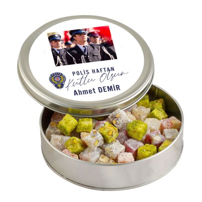 Fotoğraflı 10 Nisan Polis Haftasına Özel Çifte Kavrulmuş Lokum (Metal Yuvarlak Kutu) 300g - Hacı Şerif