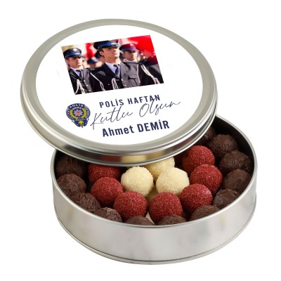 Fotoğraflı 10 Nisan Polis Haftasına Özel Karışık Special Truffle Çikolata (Yuvarlak Metal Kutu) - Hacı Şerif