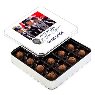 Fotoğraflı 10 Nisan Polis Haftasına Özel Tahinli Truffle Çikolata (Metal Kutu) - Hacı Şerif