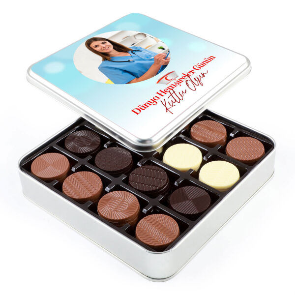 Fotoğraflı 12 Mayıs Hemşireler Günü Hediyesi 64 Adet Yuvarlak Madlen Çikolata (Metal Kutu) - 1