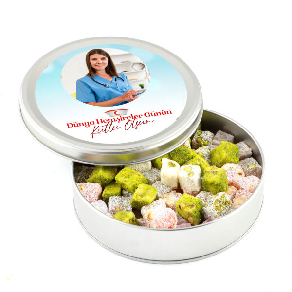 Fotoğraflı 12 Mayıs Hemşireler Günü Hediyesi Çifte Kavrulmuş Lokum (Metal Yuvarlak Kutu) - 1