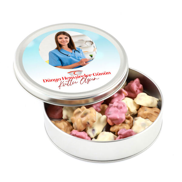 Fotoğraflı 12 Mayıs Hemşireler Günü Hediyesi Karışık Antep Fıstıklı Roş Çikolata (Metal Yuvarlak Kutu) - 1