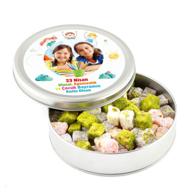 Fotoğraflı 23 Nisan Hediyesi Çifte Kavrulmuş Lokum (Metal Yuvarlak Kutu) 300g - Hacı Şerif