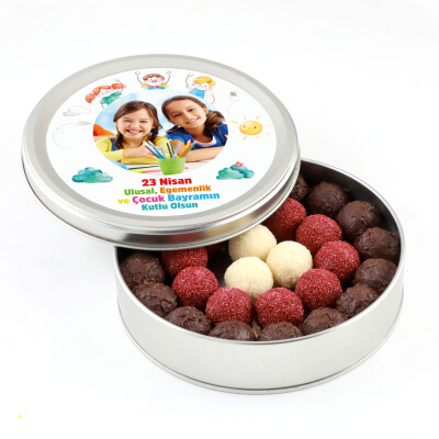 Fotoğraflı 23 Nisan Hediyesi Karışık Special Truffle Çikolata (Yuvarlak Metal Kutu) - Hacı Şerif