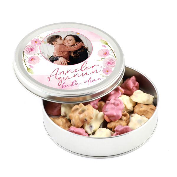 Fotoğraflı Anneler Günü Hediyesi Karışık Antep Fıstıklı Roş Çikolata (Metal Yuvarlak Kutu) - 1