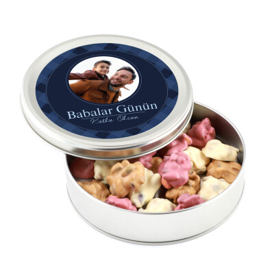 Fotoğraflı Babalar Günü Hediyesi Karışık Antep Fıstıklı Roş Çikolata (Metal Yuvarlak Kutu) - Hacı Şerif
