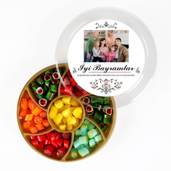 Fotoğraflı Bayram Hediyesi Meyve Aromalı Karışık Akide Şekeri Şöleni 400g (Yuvarlak Kutu) - 1