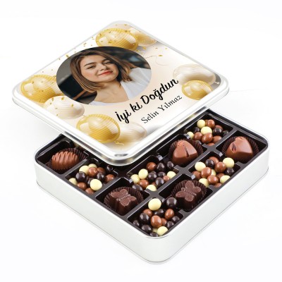 Fotoğraflı Doğum Günü Hediyesi Kahve Drajeli Special Çikolata (Metal Kutu) - Gold Balonlu - Hacı Şerif