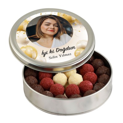 Fotoğraflı Doğum Günü Hediyesi Karışık Special Truffle Çikolata (Yuvarlak Metal Kutu) - Gold Balonlu - Hacı Şerif