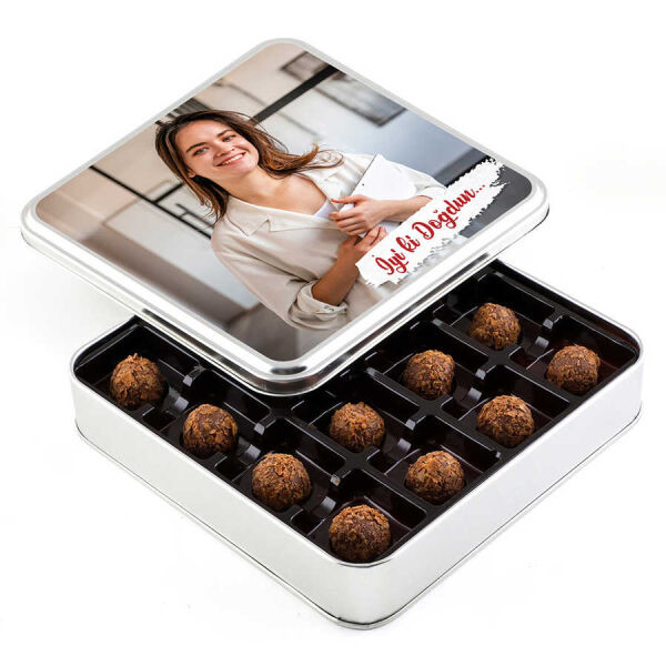 Fotoğraflı Doğum Günü Hediyesi Tahinli Truffle Çikolata (Metal Kutu) - 1