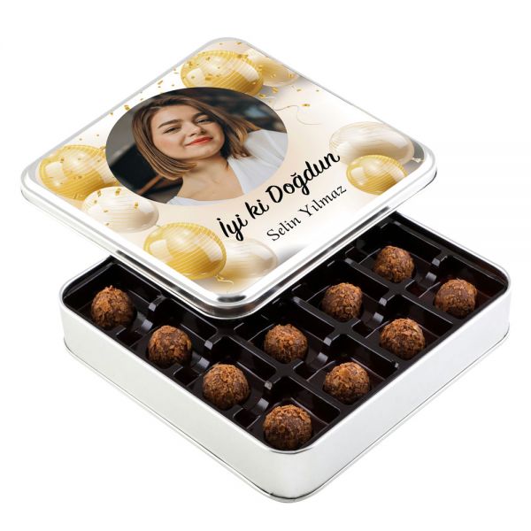 Fotoğraflı Doğum Günü Hediyesi Tahinli Truffle Çikolata (Metal Kutu) - Gold Balonlu - 1