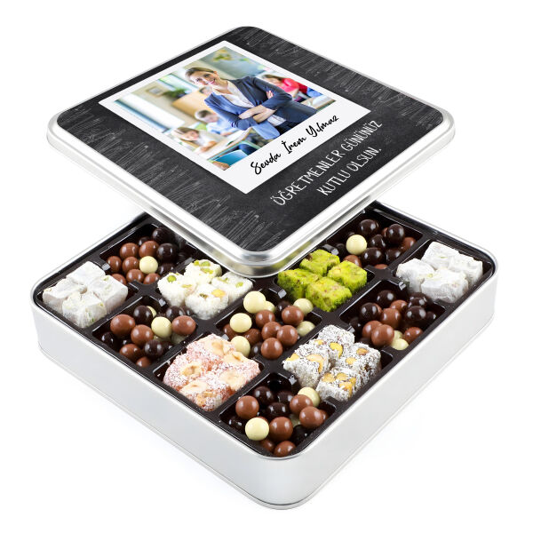 Fotoğraflı İsimli Öğretmenler Günü Hediyesi Kahve Draje + Çifte Kavrulmuş Lokum (Metal Kutu) - 1