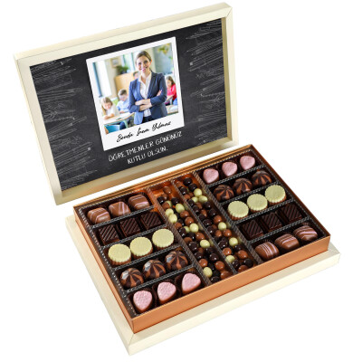 Fotoğraflı İsimli ​Öğretmenler Günü Hediyesi Kahve Drajeli Special Çikolata 490g (Krem Kutu) - 1