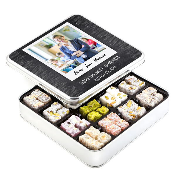 Fotoğraflı İsimli Öğretmenler Günü Hediyesi Karışık Çifte Kavrulmuş Lokum (Metal Kutu) - 1