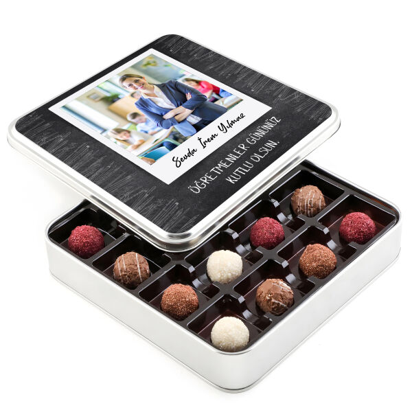 Fotoğraflı İsimli Öğretmenler Günü Hediyesi Karışık Special Truffle Çikolata (Metal Kutu) - 1