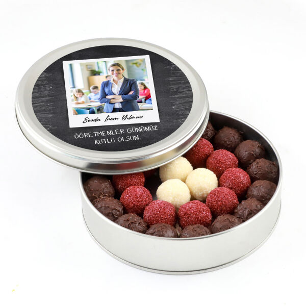 Fotoğraflı İsimli Öğretmenler Günü Hediyesi Karışık Special Truffle Çikolata (Yuvarlak Metal Kutu) - 1
