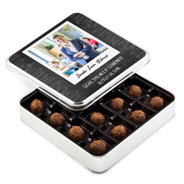​Fotoğraflı İsimli Öğretmenler Günü Hediyesi Tahinli Truffle Çikolata (Metal Kutu) - 1