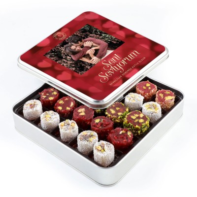​​Fotoğraflı Sevgililer Günü Hediyesi Karışık Sultan Lokumu Metal Kutu 450g - 1
