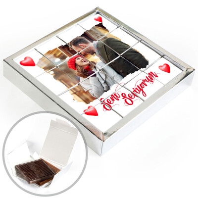 Fotoğraflı Sevgiliye Hediye 16'lı Puzzle Madlen Çikolata (Gümüş Kutu) - 1