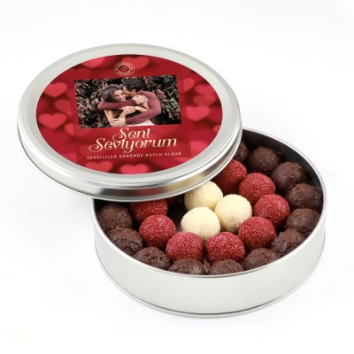 Fotoğraflı Sevgililer Günü Hediyesi Karışık Special Truffle Çikolata (Yuvarlak Metal Kutu) - 1