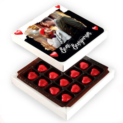 Fotoğraflı Sevgiliye Hediye Yaldızlı Kalp Çikolata Model:2 - 1