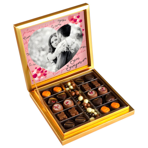 Fotoğraflı Sevgiliye Hediye Kahve Drajeli Special Çikolata 290g (Gold Kutu) - 1