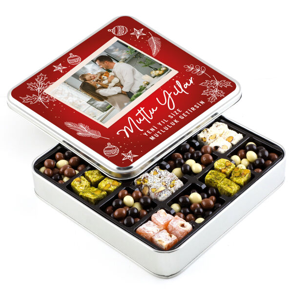 Fotoğraflı Yılbaşı Hediyesi Kahve Draje + Çifte Kavrulmuş Lokum (Metal Kutu) - 1