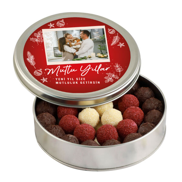 Fotoğraflı Yılbaşı Hediyesi Karışık Special Truffle Çikolata (Yuvarlak Metal Kutu) - 1