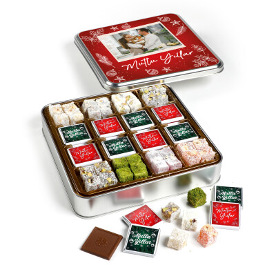 Fotoğraflı Yılbaşı Hediyesi (Madlen Çikolata - Karışık Çifte Kavrulmuş Lokum Metal Kutu) - Hacı Şerif