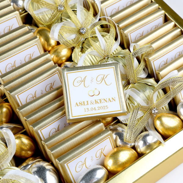 Gold Kutuda Nikah-Söz-Nişan Madlen Dekorlu Çikolatası ve Draje - 4