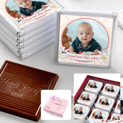 İlk Diş Fotoğraflı Kız Bebek Çikolatası 32 Adet Madlen Çikolata Sunum Kutulu - 1