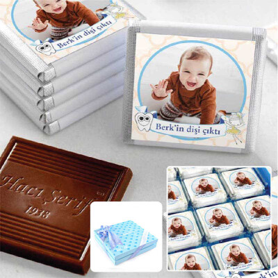 İlk Diş Fotoğraflı Erkek Bebek 32 Adet Madlen Çikolata Sunum Kutulu - 1