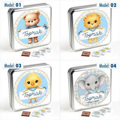  İsimli Erkek Bebek 70 Adet Madlen Çikolata (Metal Kutu) Sevimli Karakterler - 3