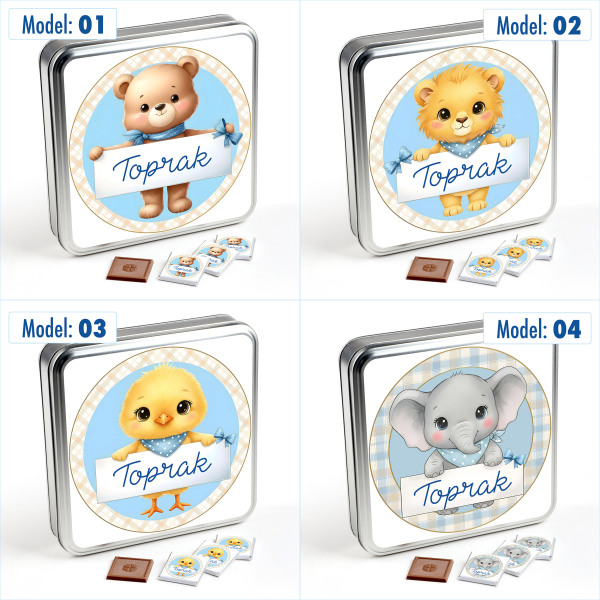  İsimli Erkek Bebek 70 Adet Madlen Çikolata (Metal Kutu) Sevimli Karakterler - 3