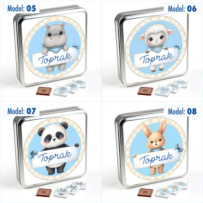  İsimli Erkek Bebek 70 Adet Madlen Çikolata (Metal Kutu) Sevimli Karakterler - 4