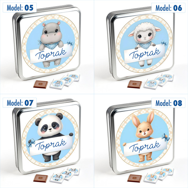  İsimli Erkek Bebek 70 Adet Madlen Çikolata (Metal Kutu) Sevimli Karakterler - 4