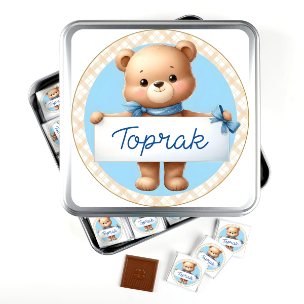  İsimli Erkek Bebek 70 Adet Madlen Çikolata (Metal Kutu) Sevimli Karakterler - 1