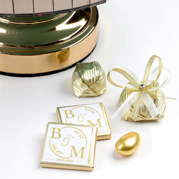 İsimli Gold Ayaklı Cam Tabak Yuvarlak Söz Nişan Çikolatası - 3