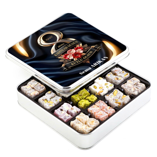 İsimli Kadınlar Günü Hediyesi Karışık Çifte Kavrulmuş Lokum (Metal Kutu) - 1