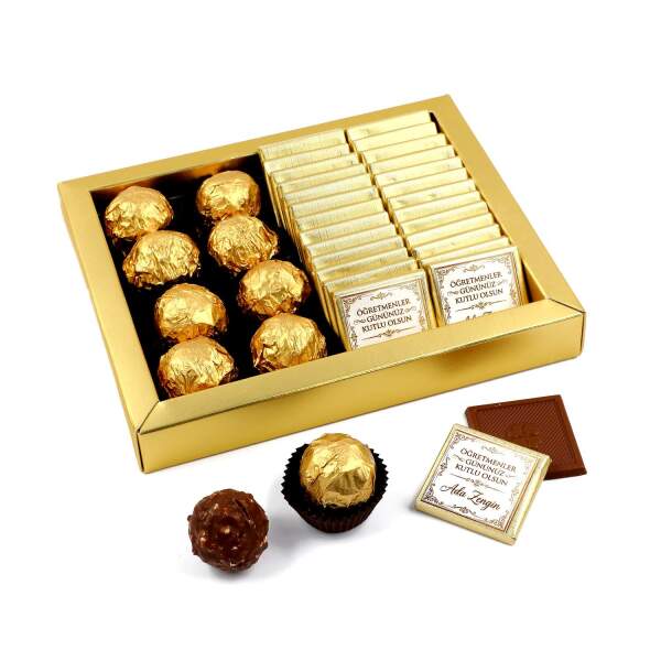 İsimli Öğretmenler Günü Hediyesi (26 Madlen Çikolata 8 Gofret) (Asetat Kutu) Gold Kutu - 3